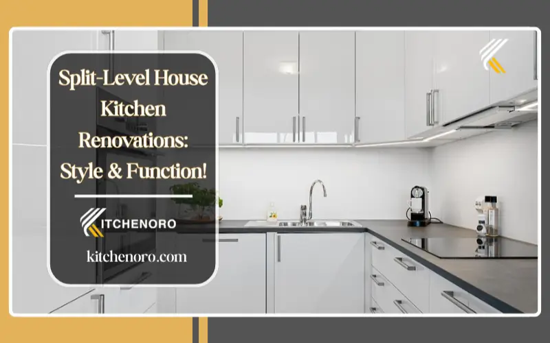 Split level kitchen remodel with L-shaped layout, pendant lighting, hardwood flooring and seamless transition to dining area