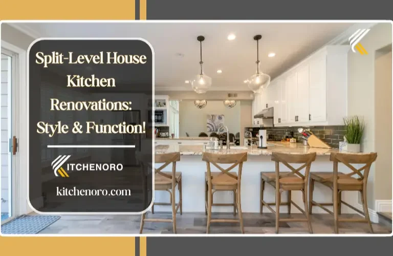 Split level house kitchen renovation with open layout, modern white cabinets, quartz countertops and island improving flow and natural light
