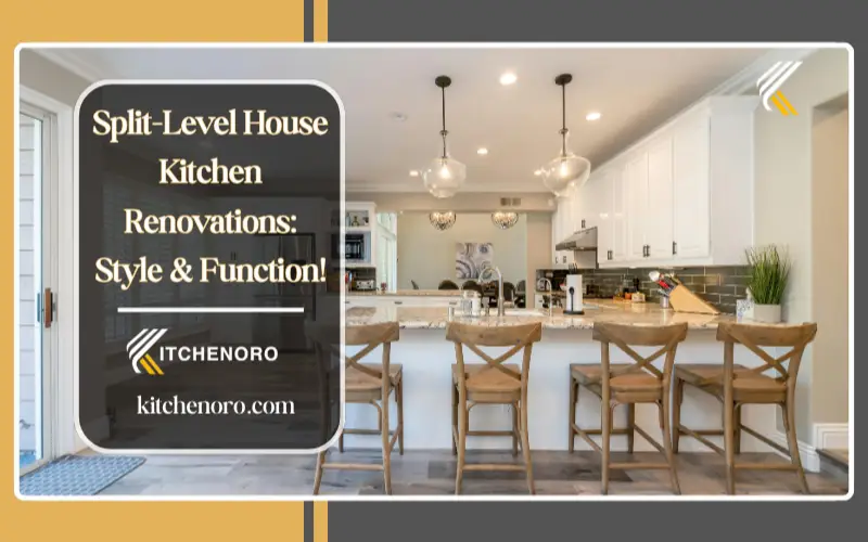 Split level house kitchen renovation with open layout, modern white cabinets, quartz countertops and island improving flow and natural light
