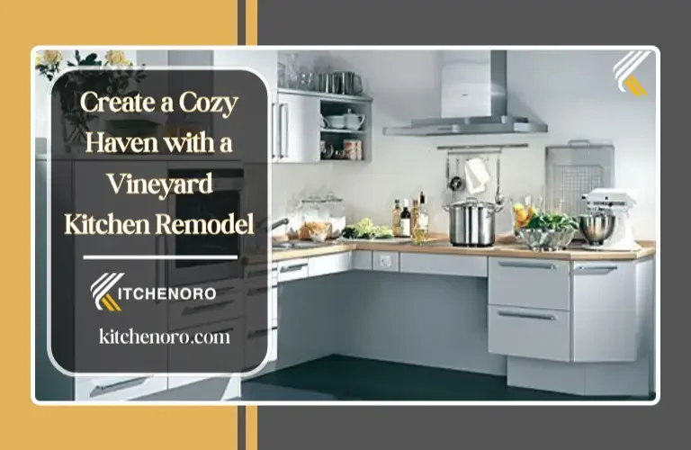 Vineyard kitchen remodel with exposed wood beams, farmhouse island, natural stone countertops and warm rustic lighting