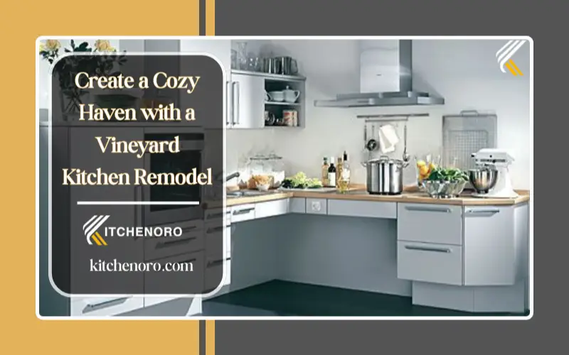 Vineyard kitchen remodel with exposed wood beams, farmhouse island, natural stone countertops and warm rustic lighting