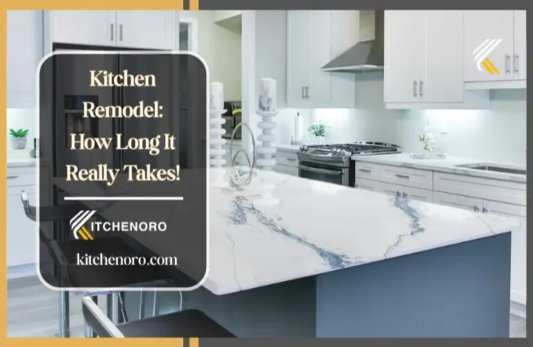 Kitchen remodel timeline infographic showing stages from demolition to final installation in a modern residential kitchen