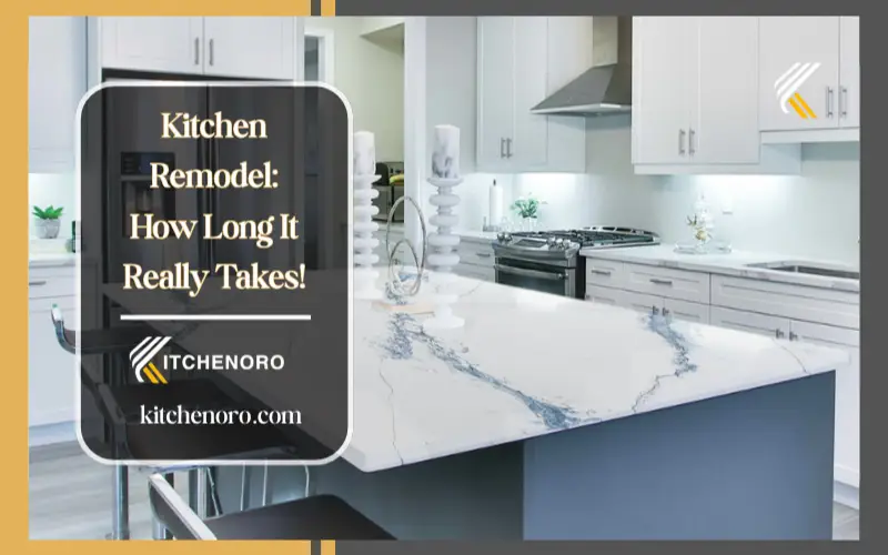 Kitchen remodel timeline infographic showing stages from demolition to final installation in a modern residential kitchen