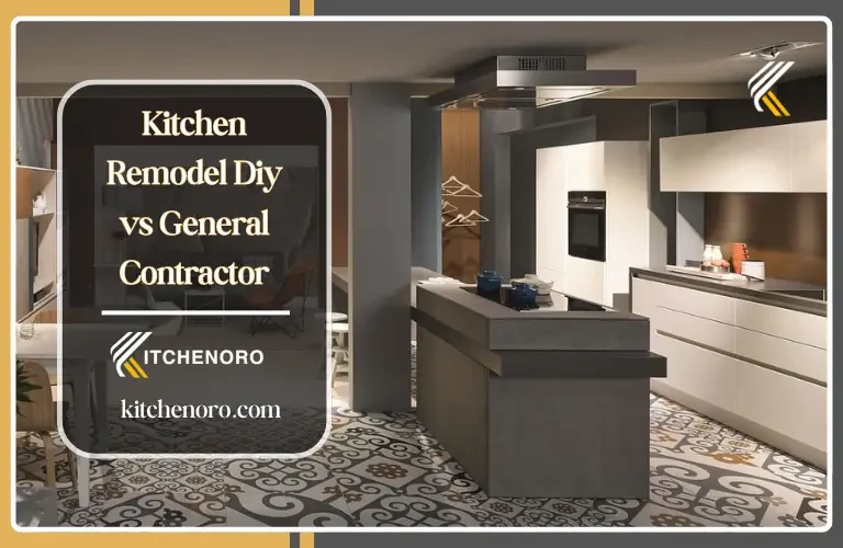 DIY kitchen remodel vs general contractor comparison showing homeowner working on cabinets and contractor reviewing renovation plans