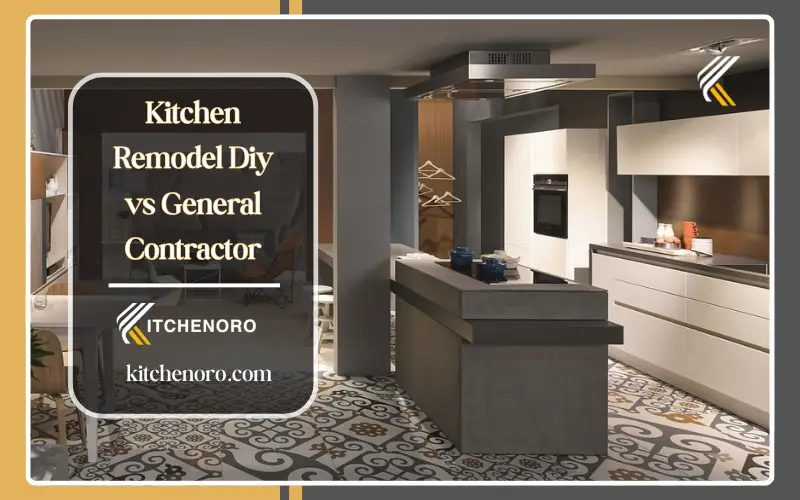 DIY kitchen remodel vs general contractor comparison showing homeowner working on cabinets and contractor reviewing renovation plans