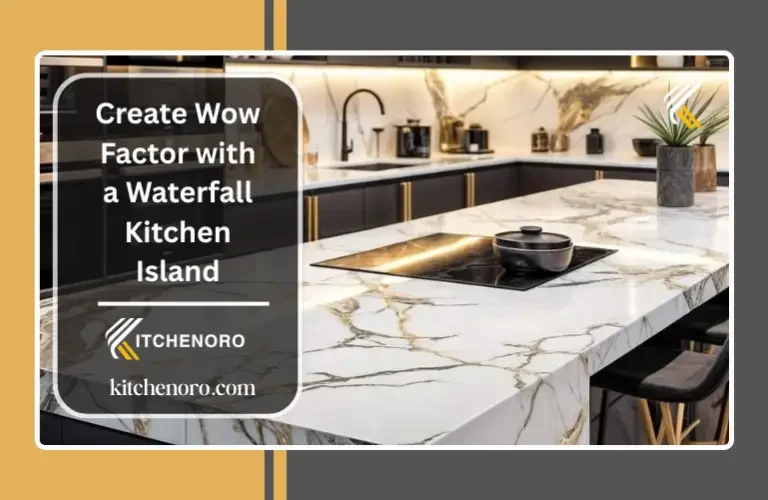 Modern waterfall kitchen island with quartz countertop in a luxury contemporary kitchen