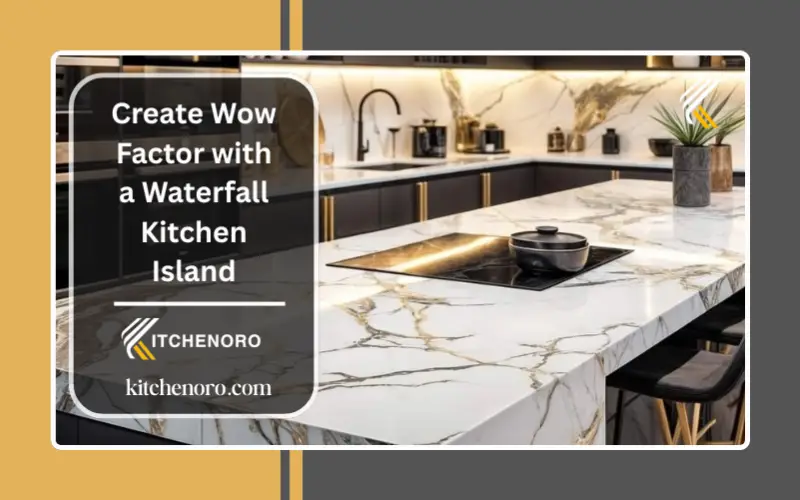 Modern waterfall kitchen island with quartz countertop in a luxury contemporary kitchen