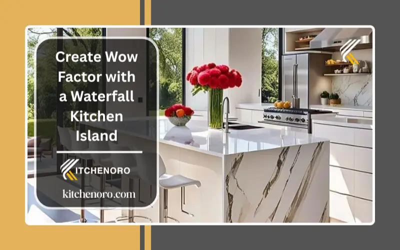 White quartz waterfall kitchen island with modern pendant lighting