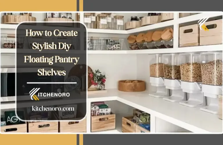 DIY floating pantry shelves installed in a modern pantry for organized kitchen storage