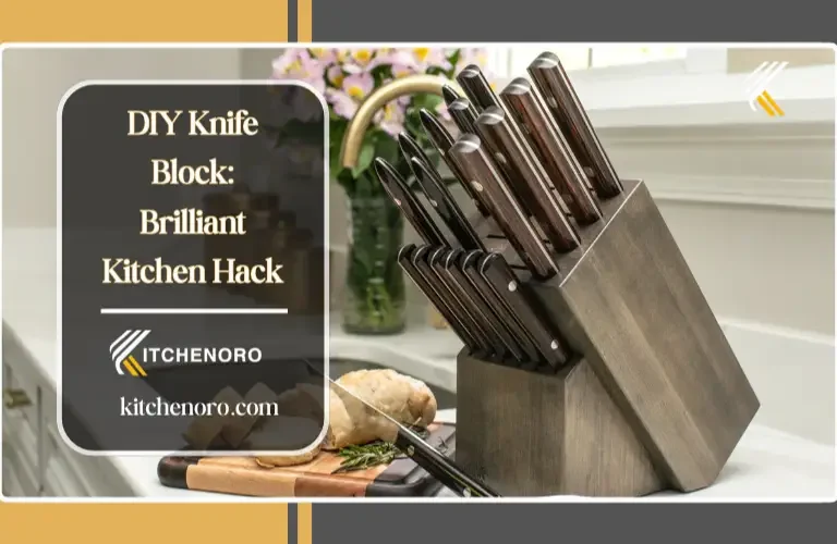 DIY knife block made from hardwood scraps with angled knife slots for kitchen storage