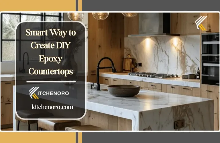modern kitchen with DIY epoxy countertops featuring faux marble finish