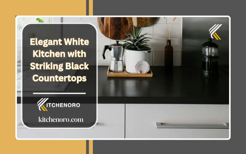 Modern white kitchen with black countertops and silver fixtures