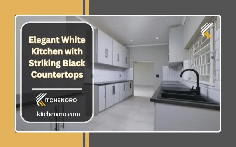 White kitchen backsplash with black countertops and modern tile design