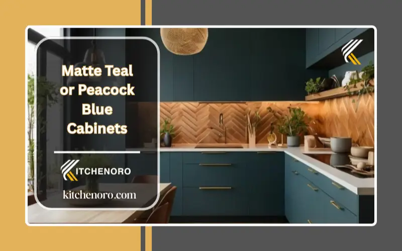 matte teal or peacock blue cabinets stand out against black hardware and minimalist decor