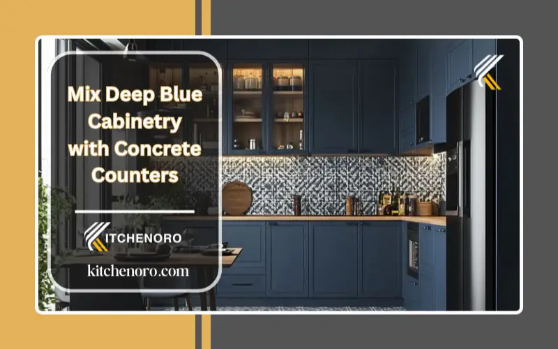 Mix deep blue cabinetry with concrete counters, steel accents, and exposed brick