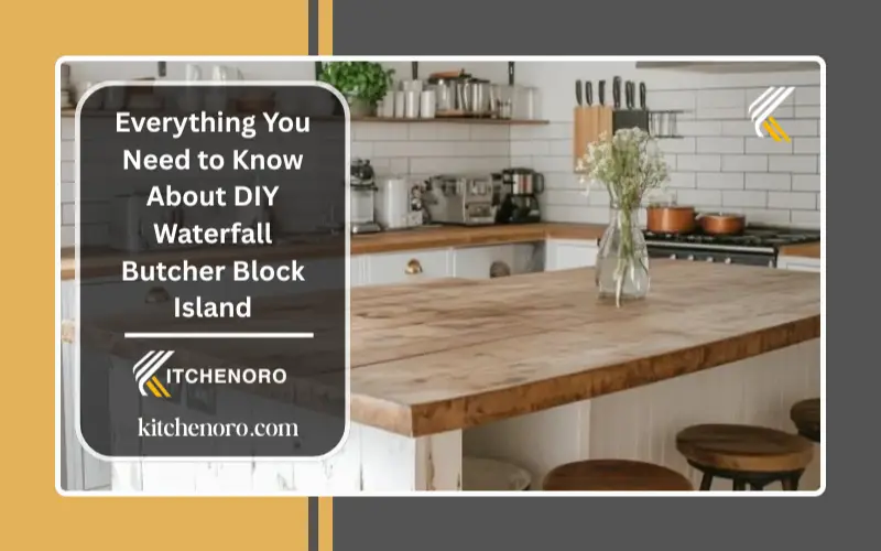 Finished DIY waterfall butcher block island with seating and natural wood finish in a modern kitchen.
