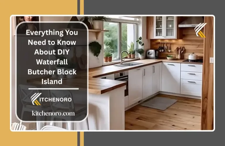 DIY waterfall butcher block island in a modern kitchen with a continuous wood waterfall edge and seating overhang.