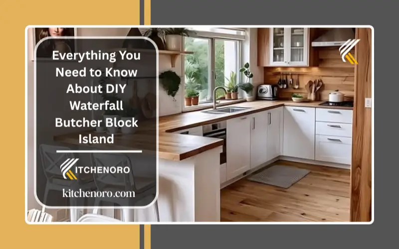 DIY waterfall butcher block island in a modern kitchen with a continuous wood waterfall edge and seating overhang.