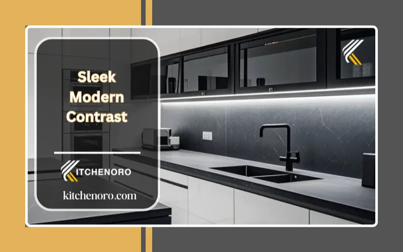 White kitchen cabinets with black countertops and brushed gold hardware