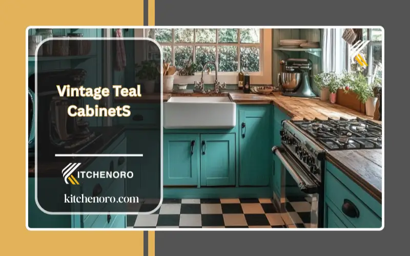 vintage teal cabinets, brass pulls, and checkerboard flooring
