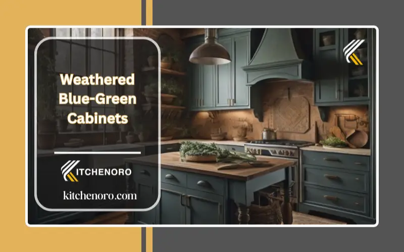 Pair weathered blue-green cabinets with rough-hewn wood beams and copper finishes
