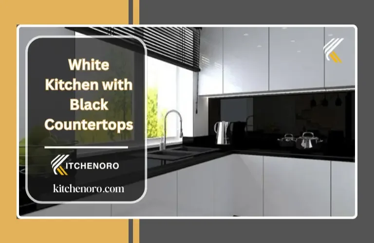 Modern white kitchen with black countertops and gold hardware accents