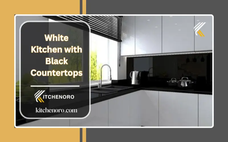 Modern white kitchen with black countertops and gold hardware accents