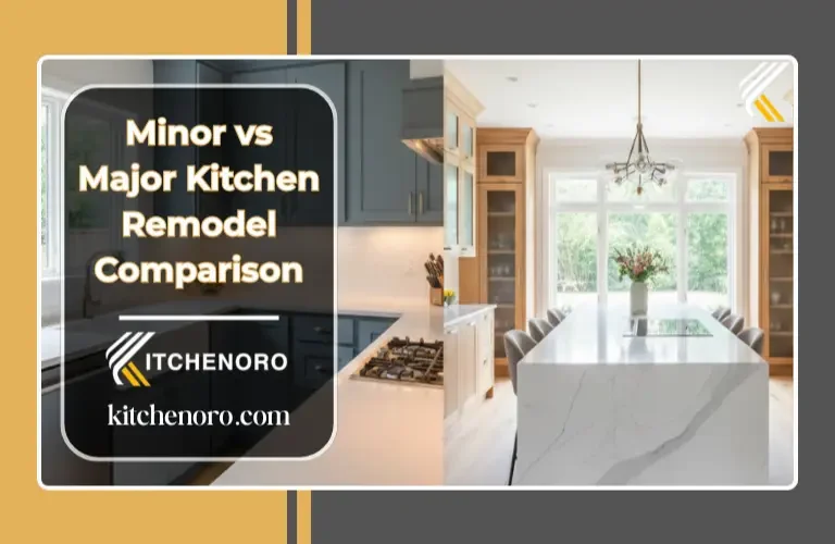 Minor vs major kitchen remodel side-by-side comparison showing cosmetic upgrade and full kitchen transformation