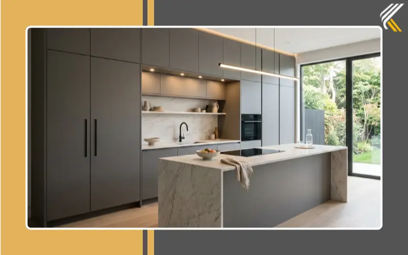 Custom luxury kitchen cabinets with floor-to-ceiling storage and seamless design