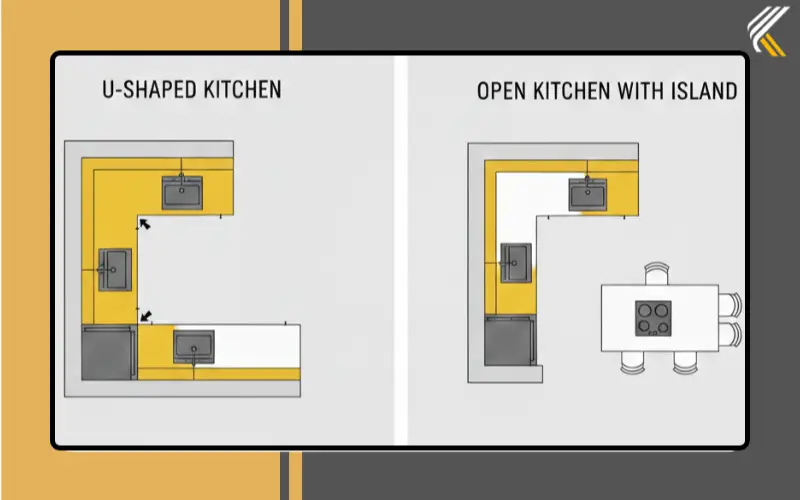 Different kitchen layouts including galley, L-shaped, U-shaped, and open island layouts