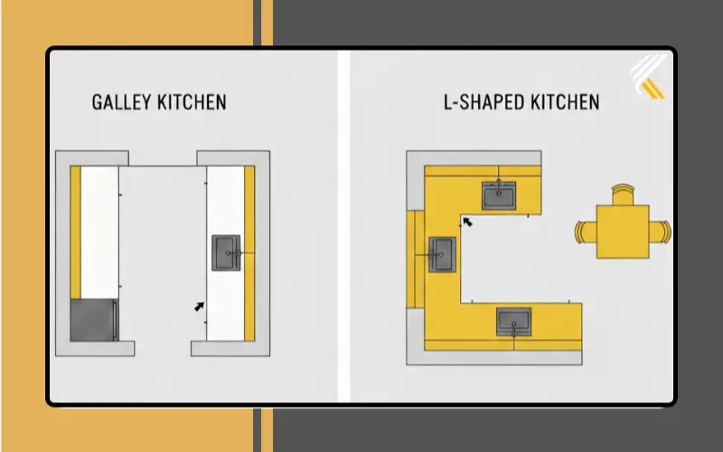 Different kitchen layouts including galley, L-shaped, U-shaped, and open island layouts