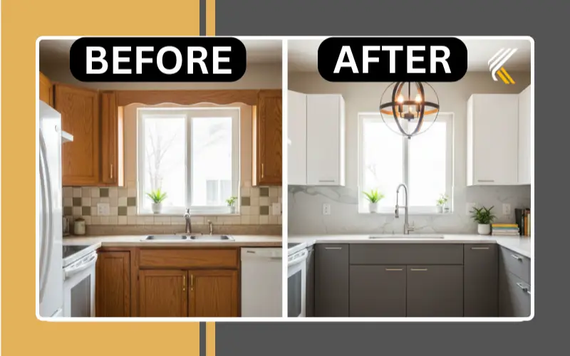 Before and after kitchen remodel showing improved layout and modern design
