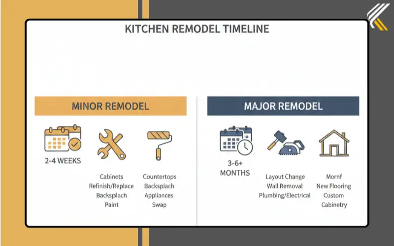 Minor vs major kitchen remodel timeline showing weeks versus months construction duration