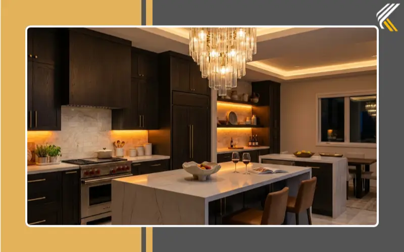 Designer chandelier and layered lighting in a luxury kitchen