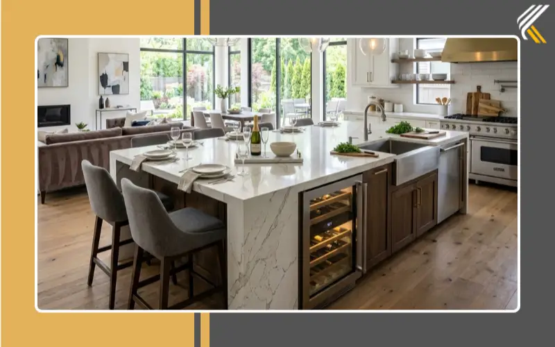 Large luxury kitchen island with seating and waterfall countertop for entertaining