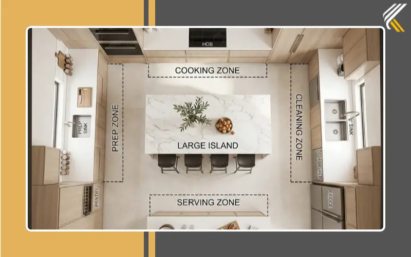 Luxury kitchen layout with optimized cooking and prep zones
