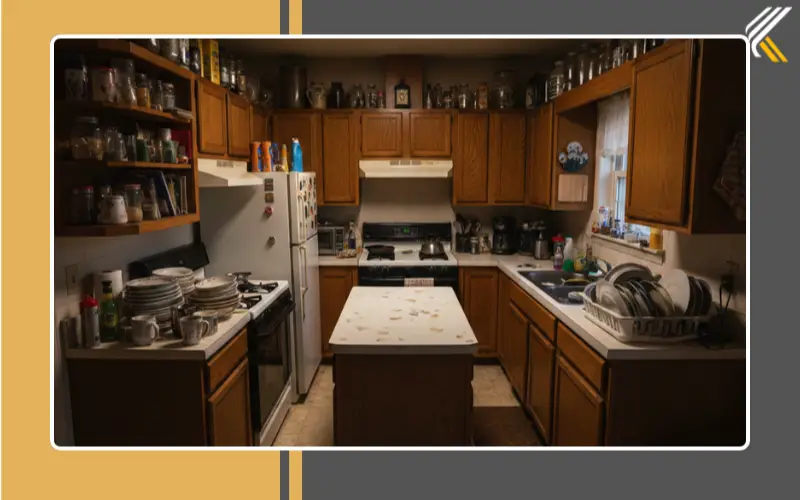 Small crowded kitchen layout showing poor workflow and lack of storage