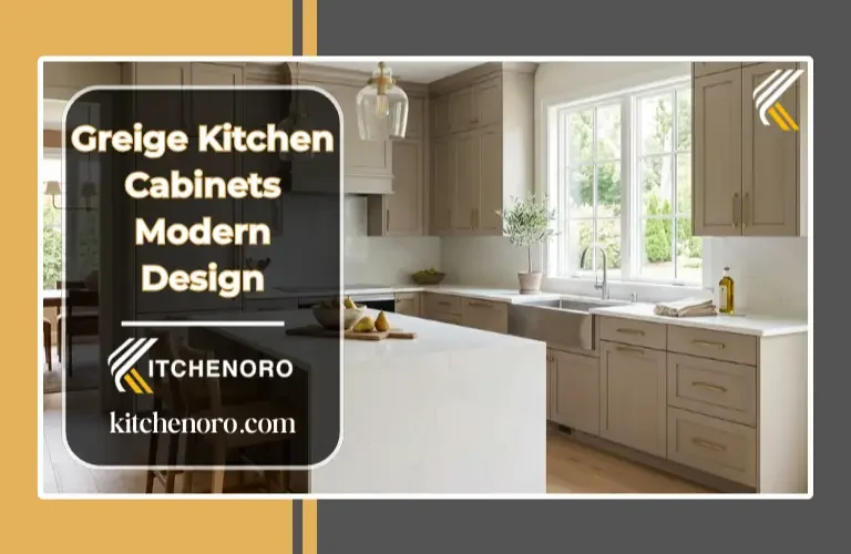 modern greige kitchen cabinets with white countertops and brass hardware