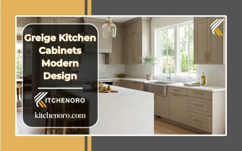 modern greige kitchen cabinets with white countertops and brass hardware