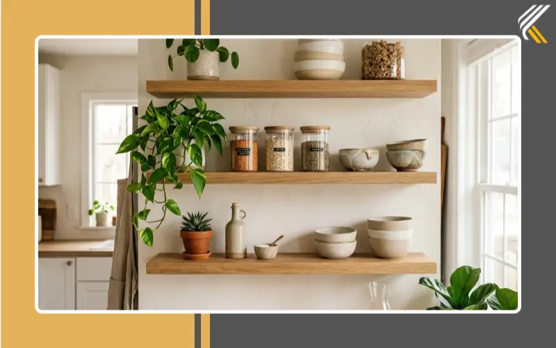 DIY open kitchen shelving for small kitchen storage and styling