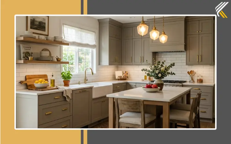 greige kitchen cabinets with brass handles and white backsplash