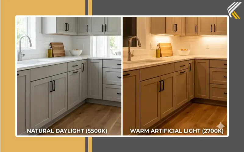 greige cabinets in natural light vs artificial lighting