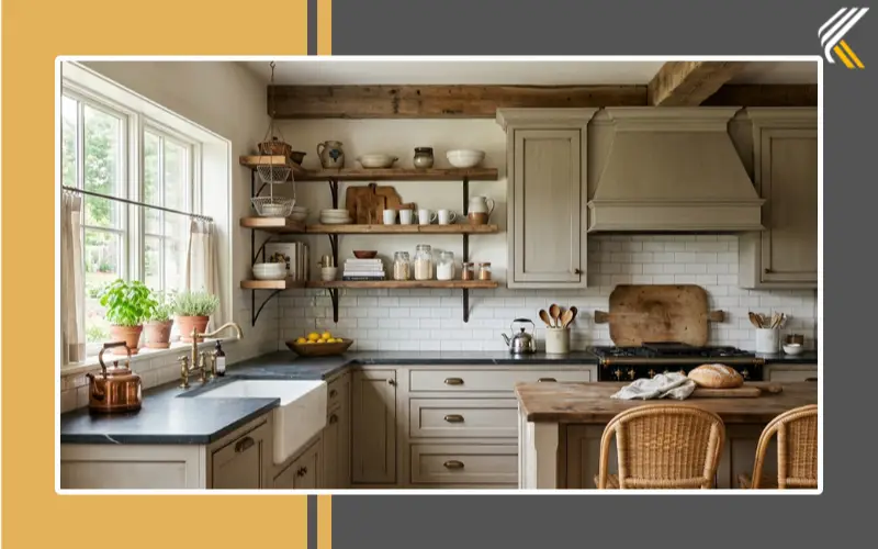 farmhouse greige kitchen cabinets with wood beams and open shelves