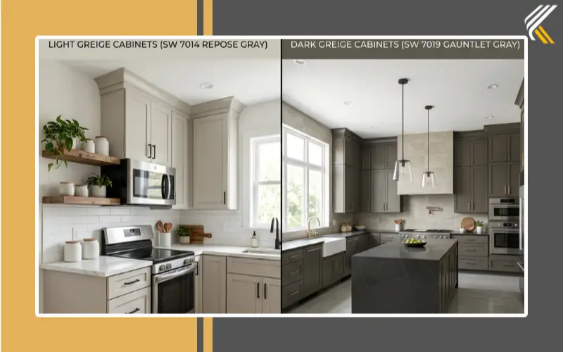 light vs dark greige kitchen cabinets comparison
