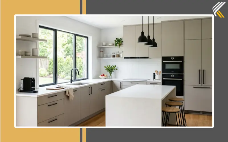 modern greige kitchen cabinets with flat panel design and black hardware