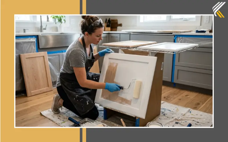 painting kitchen cabinets with roller and brush DIY project