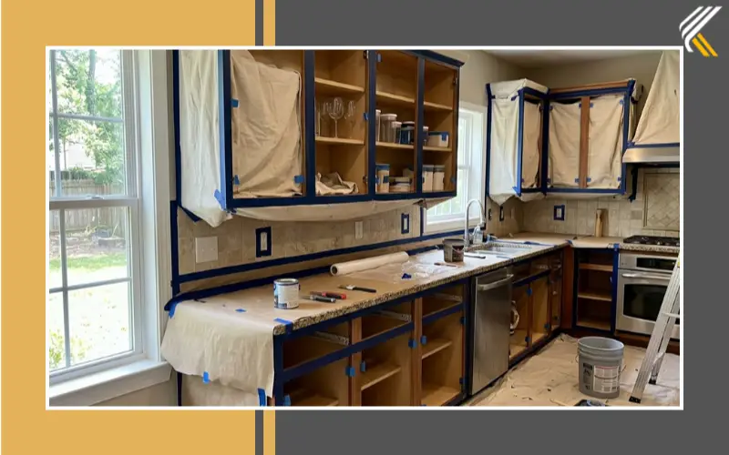 preparing kitchen cabinets for DIY cabinet painting with drop cloths and painter tape