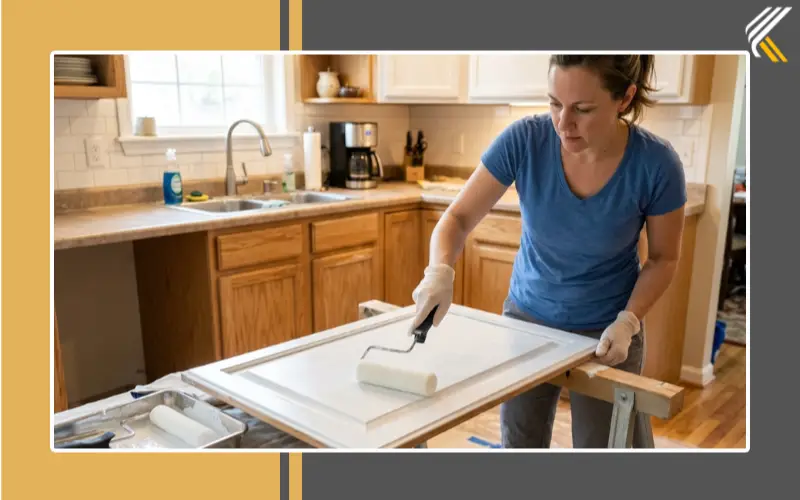 applying primer to kitchen cabinets before painting