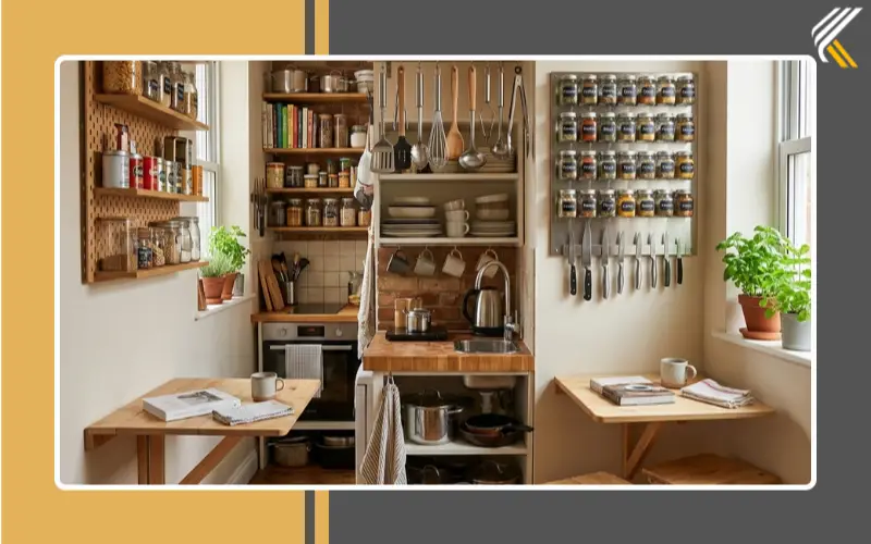 Small kitchen DIY storage ideas using vertical wall space