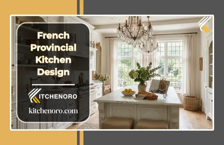 French provincial kitchen design with white cabinets and chandelier